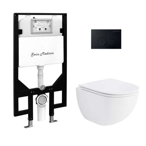 Swiss Madison St. Tropez Wall-Hung Toilet Bundle 0.8/1.6 GPF Dual Flush - Glossy White with Black Flush Plate - SM-WT0802GW Swiss Madison St. Tropez Wall-Hung Toilet Bundle 0.8/1.6 GPF Dual Flush - Glossy White with Black Flush Plate - SM-WT0802GW