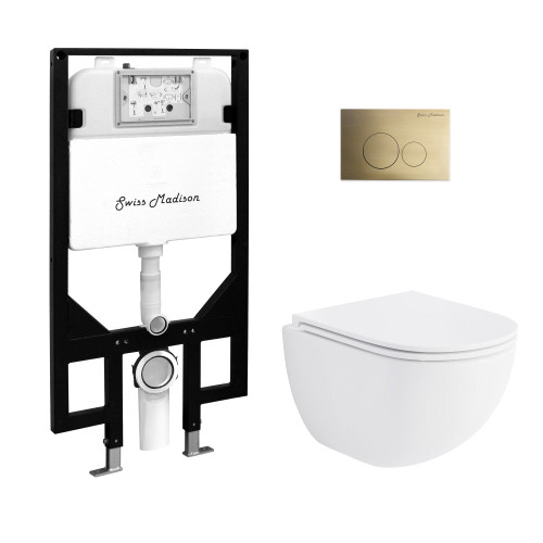 Swiss Madison St. Tropez Wall-Hung Toilet Bundle 0.8/1.6 GPF Dual Flush - Glossy White with Brass Flush Plate - SM-WT0801GW