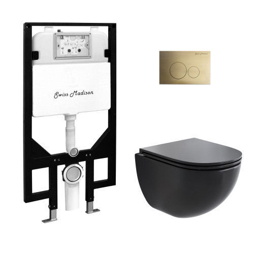 Swiss Madison St. Tropez Wall-Hung Toilet Bundle 0.8/1.6 GPF Dual Flush - Matte Black with Brass Flush Plate - SM-WT0802MB