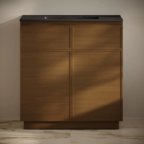 Swiss Madison St. Tropez 36" Freestanding Bathroom Vanity - Brown Oak with Black 3-Hole Widespread Sink Top - SM-BV0802BO-3WMB