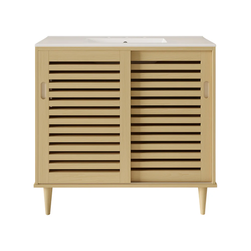 Swiss Madison Delice 36" Freestanding Bathroom Vanity - Natural Oak with White 3-Hole Widespread Sink Top - SM-BV1201NO-3W