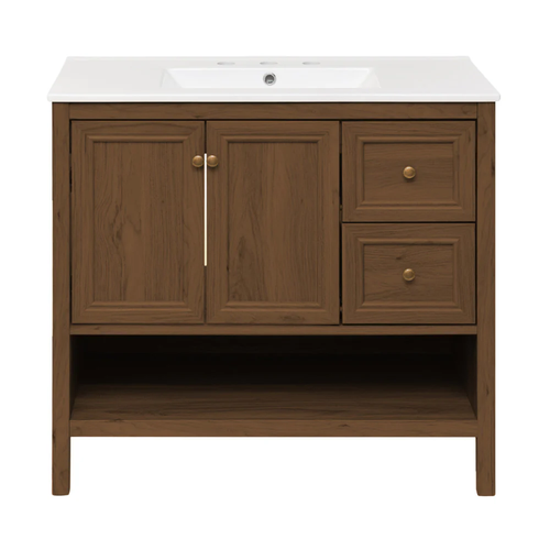 Swiss Madison Chateau 36" Freestanding Bathroom Vanity - Brown Oak with White 3-Hole Widespread Sink Top - SM-BV0602BO-3W