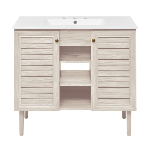 Swiss Madison Bron 36" Freestanding Bathroom Vanity - White Oak with White 3-Hole Widespread Sink Top - SM-BV6202WO-3W