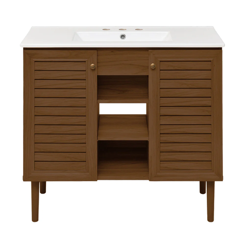 Swiss Madison Bron 36" Freestanding Bathroom Vanity - Brown Oak with White 3-Hole Widespread Sink Top - SM-BV6202BO-3W