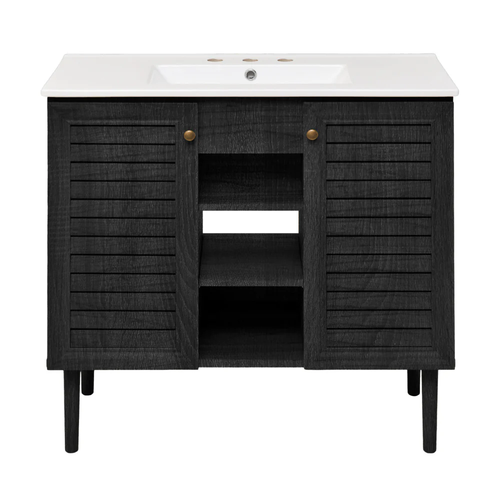 Swiss Madison Bron 36" Freestanding Bathroom Vanity - Black Oak with White 3-Hole Widespread Sink Top - SM-BV6202AO-3W