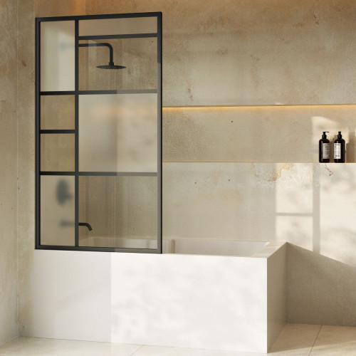 Swiss Madison  Leiden 34" x 58" Framed Fixed 3/8 in. (10mm) Frosted Tempered Glass Tub Door with Black Matte Frame - SM-TD9101MB