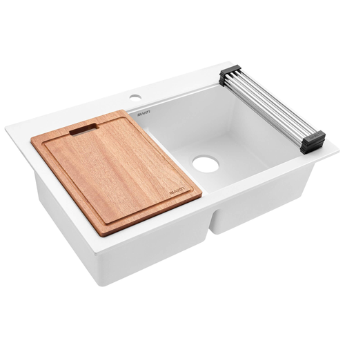 Ruvati 33-inch Drop-in Topmount Workstation 50/50 Double Bowl Granite Composite Quartz Kitchen Sink - Arctic White - RVG1343WH