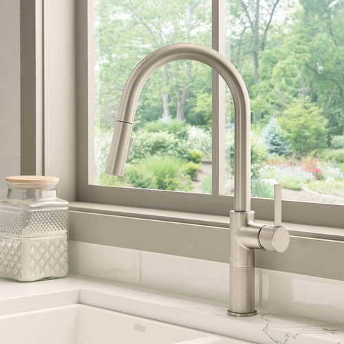 Ruvati Isola Single Handle Pull Down Kitchen Faucet Knurling Contemporary Tall Arc in Stainless Steel - RVF1248BN