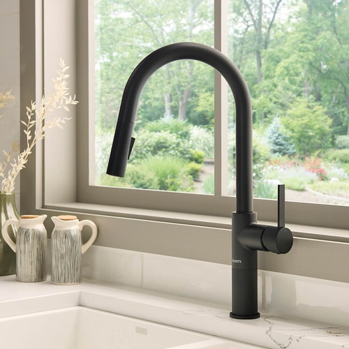 Ruvati Isola Single Handle Pull Down Kitchen Faucet Modern Knurled with Sprayer in Matte Black - RVF1248MB