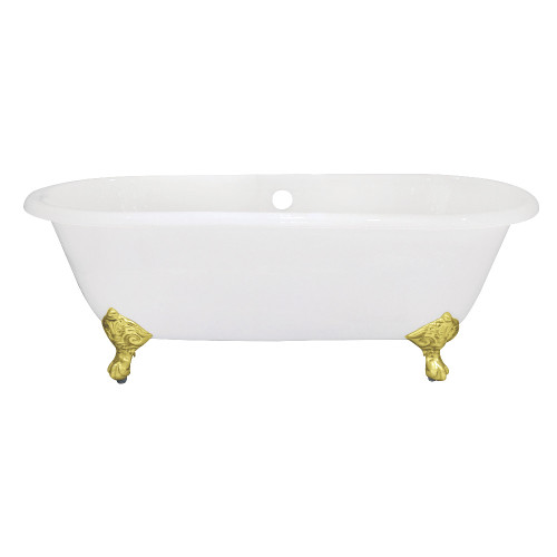Kingston Brass 66" Cast Iron Oval Double Ended Clawfoot Tub (No Faucet Drillings), White/Polished Brass - VCTND663013NB2