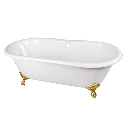 Kingston Brass 66" Cast Iron Oval Double Ended Clawfoot Tub (7" Faucet Drillings), White/Brushed Brass - VCT7D663013NB7