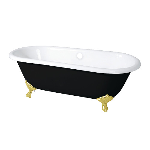 Kingston Brass 66" Cast Iron Oval Double Ended Clawfoot Tub (No Faucet Drillings), Black/White/Polished Brass - VBTND663013NB2