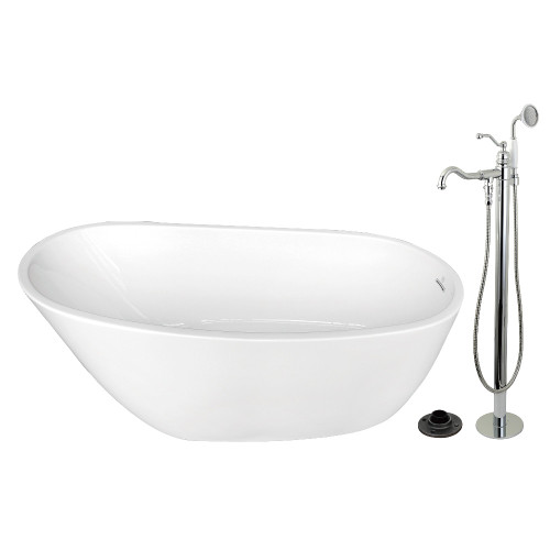 Kingston Brass 59" Acrylic Oval Single Slipper Freestanding Tub with Faucet Combo and Drain, Glossy White/Polished Chrome - KTRS5929131AL
