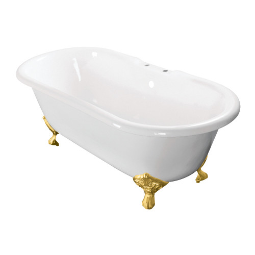 Kingston Brass 60" Cast Iron Oval Double Ended Clawfoot Tub (7" Faucet Drillings), White/Brushed Brass - VCT7D603017NB7