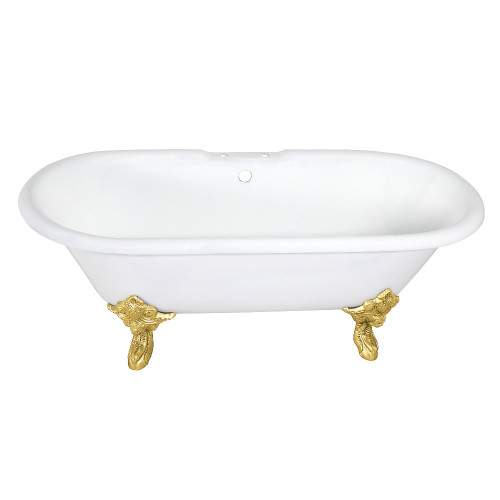 Kingston Brass 72" Cast Iron Oval Double Ended Clawfoot Tub (7" Faucet Drillings), White/Brushed Brass - VCT7DE7232NL7
