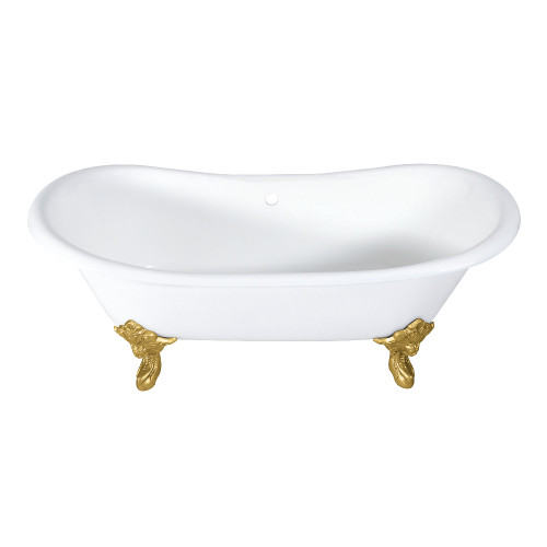 Kingston Brass 72" Cast Iron Oval Double Slipper Clawfoot Tub (No Faucet Drillings), White/Brushed Brass - VCTNDS7231NL7
