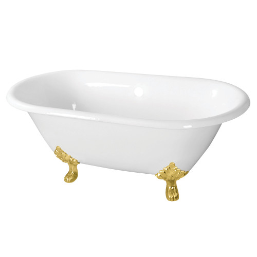 Kingston Brass 60" Cast Iron Oval Double Ended Clawfoot Tub (No Faucet Drillings), White/Brushed Brass - VCTND603119NC7