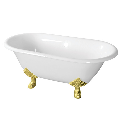 Kingston Brass 60" Cast Iron Oval Double Ended Clawfoot Tub (No Faucet Drillings), White/Polished Brass - VCTND603119NC2