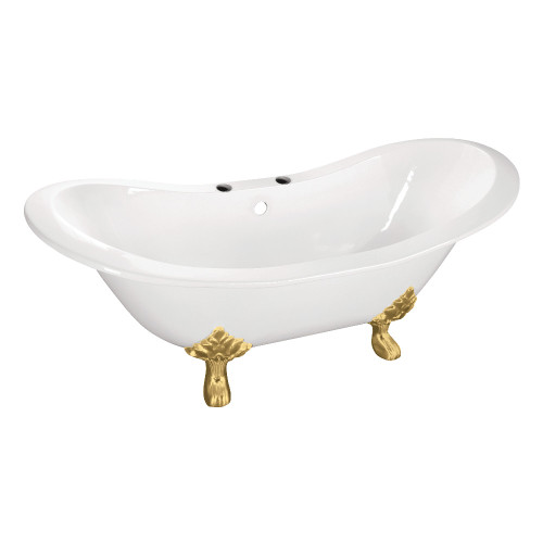 Kingston Brass 61" Cast Iron Oval Double Slipper Clawfoot Tub (7" Faucet Drillings), White/Brushed Brass - VCT7DS6130NC7