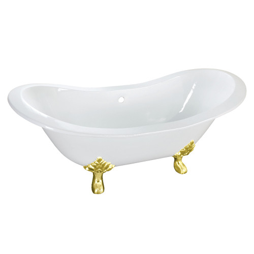 Kingston Brass 61" Cast Iron Oval Double Slipper Clawfoot Tub (No Faucet Drillings), White/Polished Brass - VCTNDS6130NC2