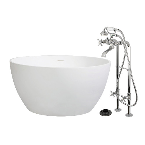 Kingston Brass 45" Solid Surface Round Double Ended Freestanding Tub with Faucet Combo and Drain, Polished Chrome - KRTRO4545266K1