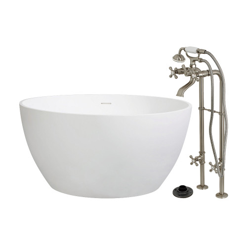 Kingston Brass 45" Solid Surface Round Double Ended Freestanding Tub with Faucet Combo and Drain, Brushed Nickel - KRTRO4545266K8