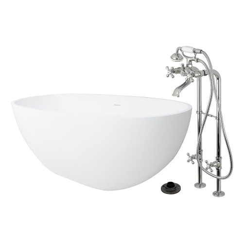 Kingston Brass 65" Solid Surface Oval Double Ended Freestanding Tub with Faucet Combo and Drain, Polished Chrome - KRTRS6531266K1