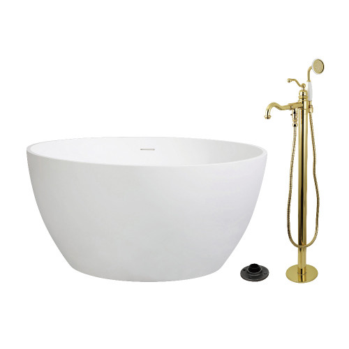 Kingston Brass 45" Solid Surface Round Double Ended Freestanding Tub with Faucet Combo and Drain, Polished Brass - KRTRO4545132AL