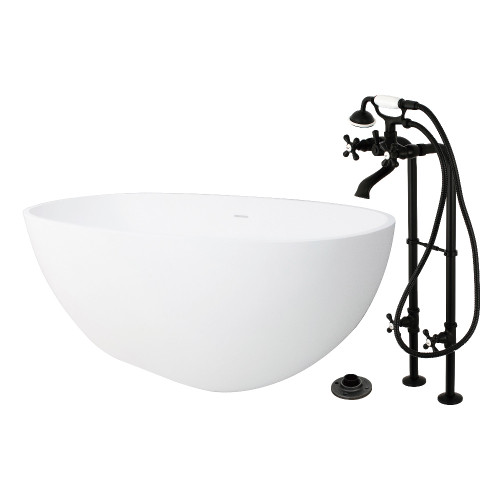 Kingston Brass 65" Solid Surface Oval Double Ended Freestanding Tub with Faucet Combo and Drain, Matte Black - KRTRS6531266K0