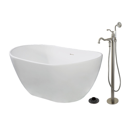Kingston Brass 57" Solid Surface Oval Double Slipper Freestanding Tub with Faucet Combo and Drain, Brushed Nickel - KRTRS5732138AL
