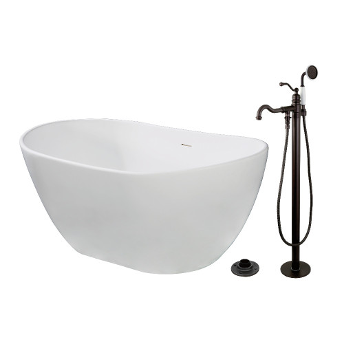 Kingston Brass 57" Solid Surface Oval Double Slipper Freestanding Tub with Faucet Combo and Drain, Oil Rubbed Bronze - KRTRS5732135AL