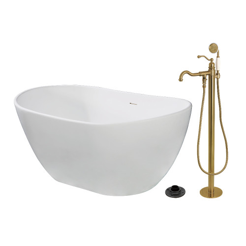 Kingston Brass 57" Solid Surface Oval Double Slipper Freestanding Tub with Faucet Combo and Drain, Brushed Brass - KRTRS5732137AL