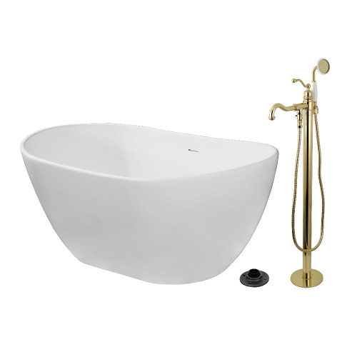 Kingston Brass 57" Solid Surface Oval Double Slipper Freestanding Tub with Faucet Combo and Drain, Polished Brass - KRTRS5732132AL