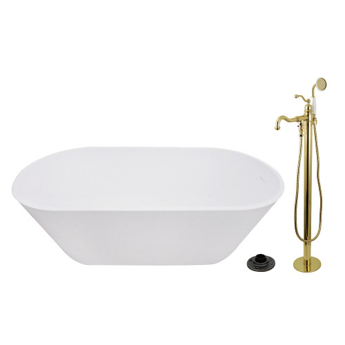 Kingston Brass 67" Solid Surface Oval Double Ended Freestanding Tub with Faucet Combo and Drain, Polished Brass - KRTRS6731132AL