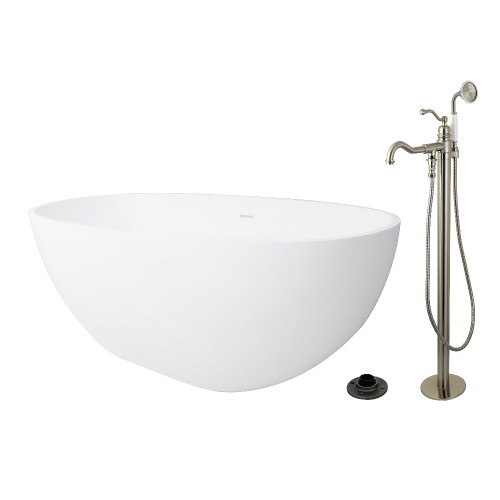 Kingston Brass 65" Solid Surface Oval Double Ended Freestanding Tub with Faucet Combo and Drain, Brushed Nickel - KRTRS6531138AL