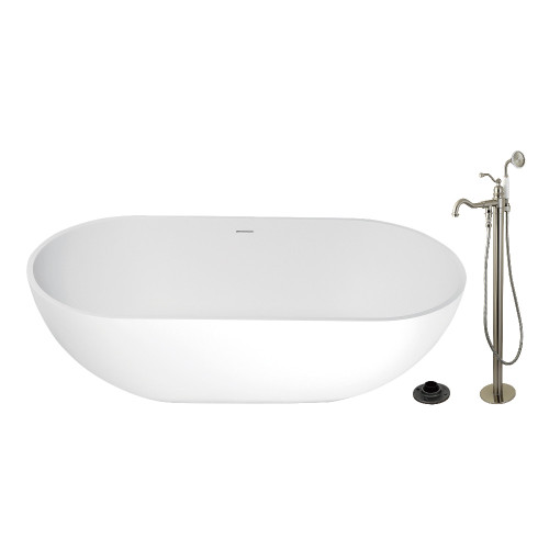 Kingston Brass 70" Solid Surface Oval Double Ended Freestanding Tub with Faucet Combo and Drain, Brushed Nickel - KRTRS7035138AL