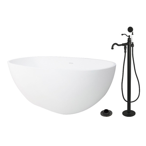 Kingston Brass 65" Solid Surface Oval Double Ended Freestanding Tub with Faucet Combo and Drain, Matte Black - KRTRS6531130AL