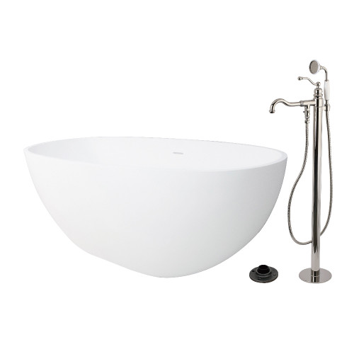Kingston Brass 65" Solid Surface Oval Double Ended Freestanding Tub with Faucet Combo and Drain, Polished Nickel - KRTRS6531136AL