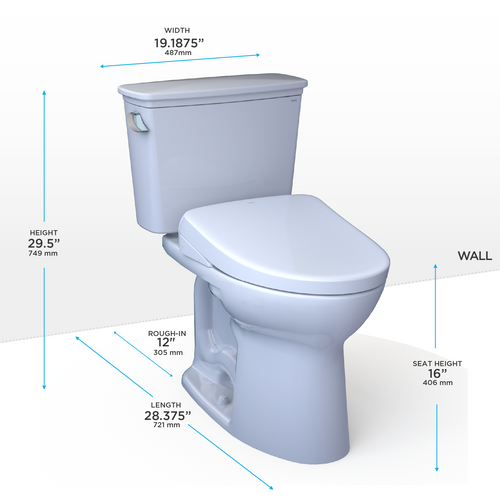 TOTO® Drake® Transitional WASHLET®+ Two-Piece Elongated 1.28 GPF TORNADO FLUSH® Toilet with S2 Bidet Seat, Cotton White - MW7863346CEG#01