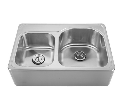 Whitehaus WHNAPD3322 Noah Double Bowl Drop-in Apron Kitchen Sink With Seamless Front 33" x 22" - Brushed Stainless Steel