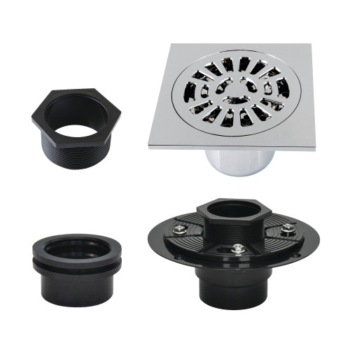 Kingston Brass Watercourse 4" Brass Square Grid Shower Drain with Flange, Polished Chrome - BSFK4267C