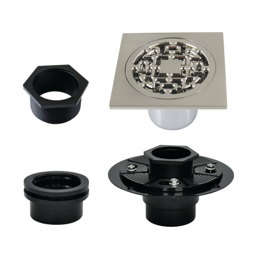 Kingston Brass Watercourse 4" Brass Square Grid Shower Drain with Flange, Brushed Nickel - BSFK4272BN