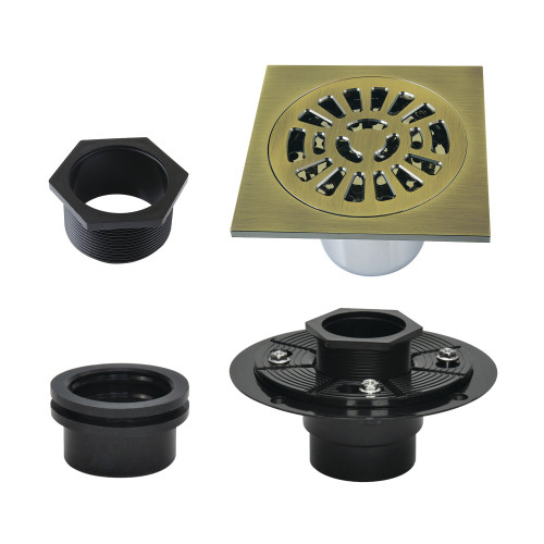 Kingston Brass Watercourse 4" Brass Square Grid Shower Drain with Flange, Antique Brass - BSFK4267AB
