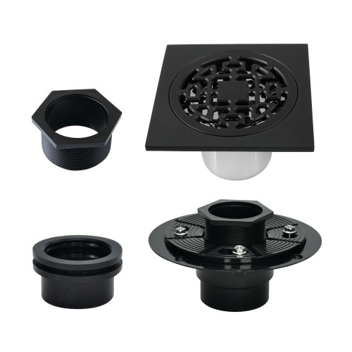 Kingston Brass Watercourse 4" Brass Square Grid Shower Drain with Flange, Matte Black - BSFK4272MB