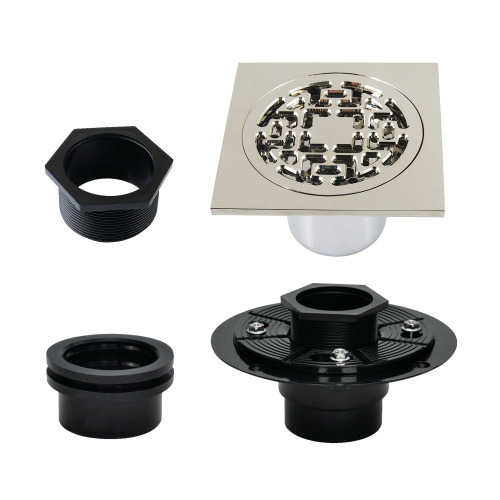 Kingston Brass Watercourse 4" Brass Square Grid Shower Drain with Flange, Polished Nickel - BSFK4272PN