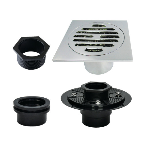 Kingston Brass Watercourse 4" Brass Square Grid Shower Drain with Flange, Polished Chrome - BSFK4262C