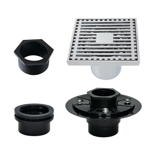 Kingston Brass Watercourse 4" Brass Square Grid Shower Drain with Flange, Polished Chrome - BSFK4464C