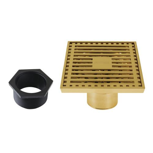 Kingston Brass Watercourse 4" Brass Square Grid Shower Drain with Flange and Hair Trap, Brushed Brass - BSF4464BB