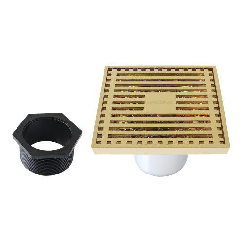 Kingston Brass Watercourse 4" Brass Square Grid Shower Drain with Flange and Hair Trap, Polished Brass - BSF4464PB