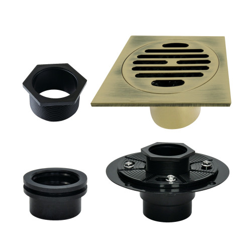 Kingston Brass Watercourse 4" Brass Square Grid Shower Drain with Flange, Antique Brass - BSFK4262AB